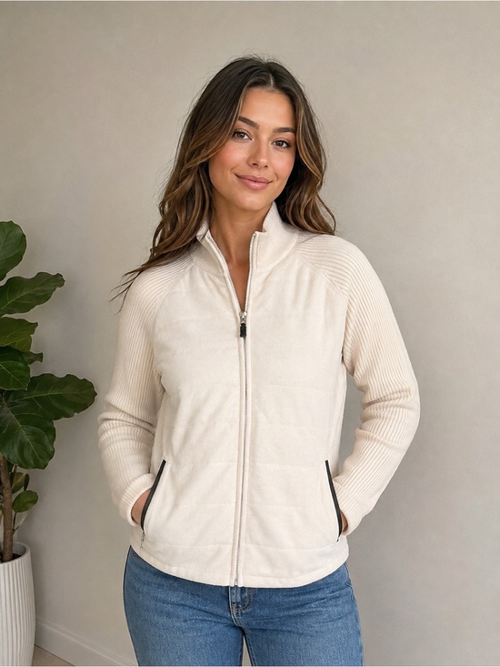 Jackets & Blazers - Edinburgh Knitwear Women's Cream Zip-Up Quilted Puffer Jacket Size Large NWT